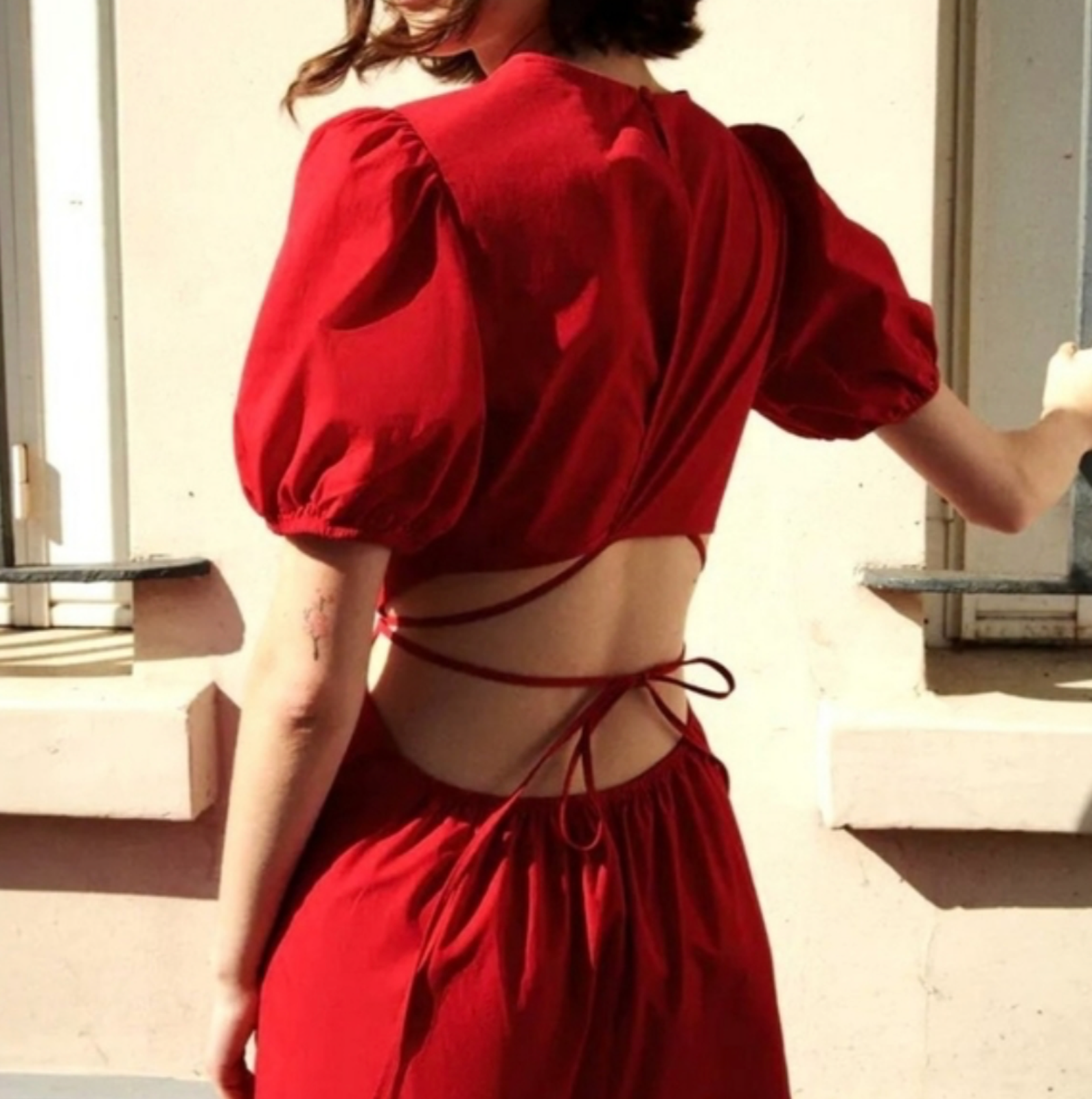 Zara Cut Out Polin Dress Womens Xs Extra Small Red Midi Puff Sleeves Cinch Waist